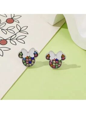 Fashion Jewelry Multicolor Silver -Rhinestone M-Mouse Stud Earrings with Bow